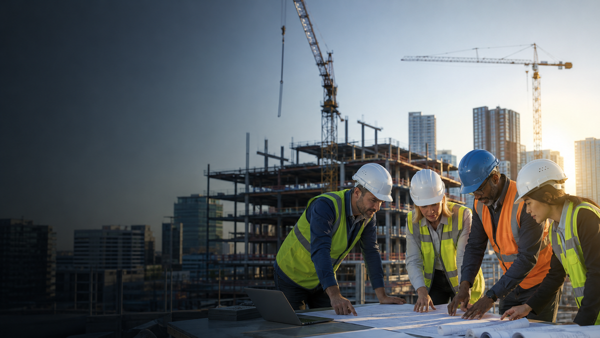 Engineers reviewing structural plans at a commercial high-rise construction site